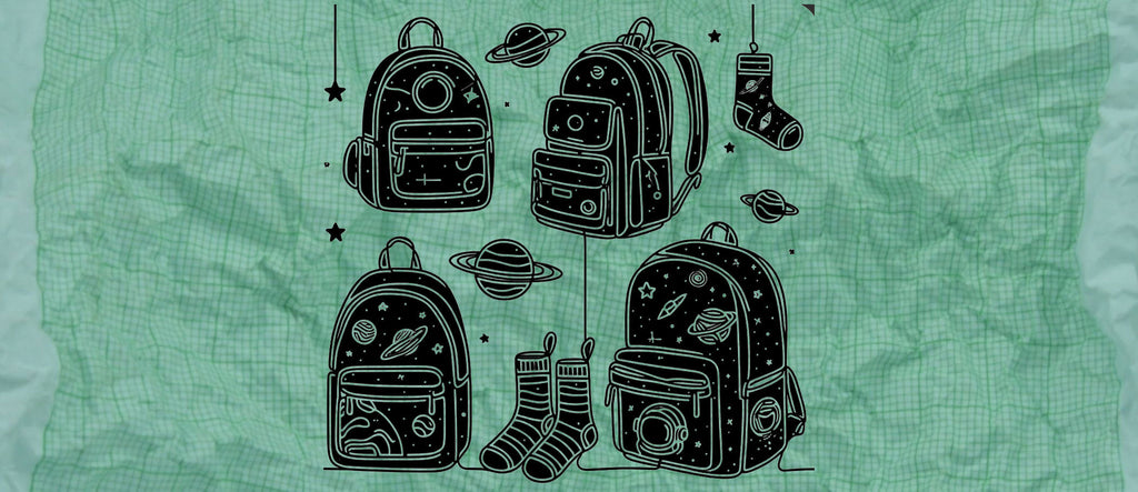 drawing of backpacks and socks on graph paper