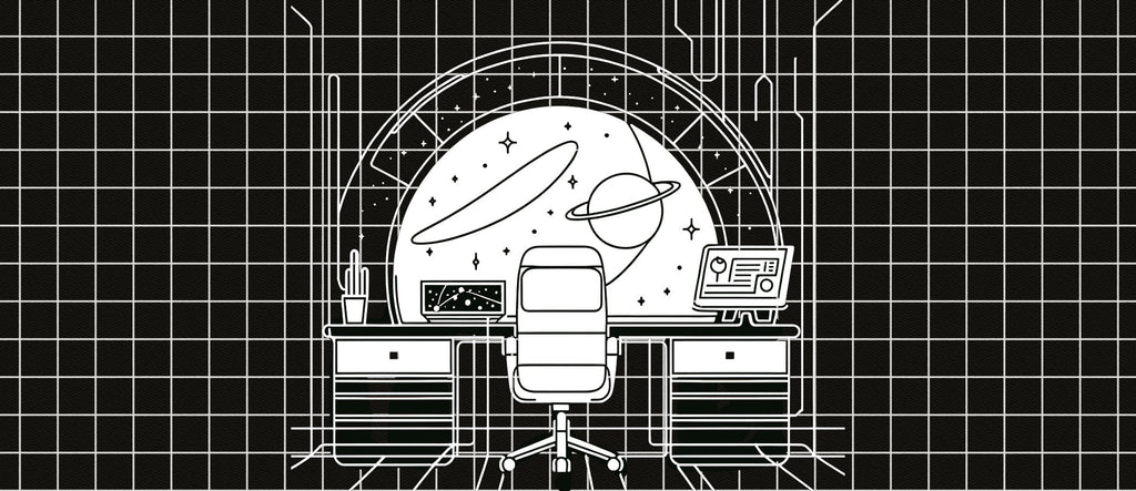 drawing of home office in space on graph paper